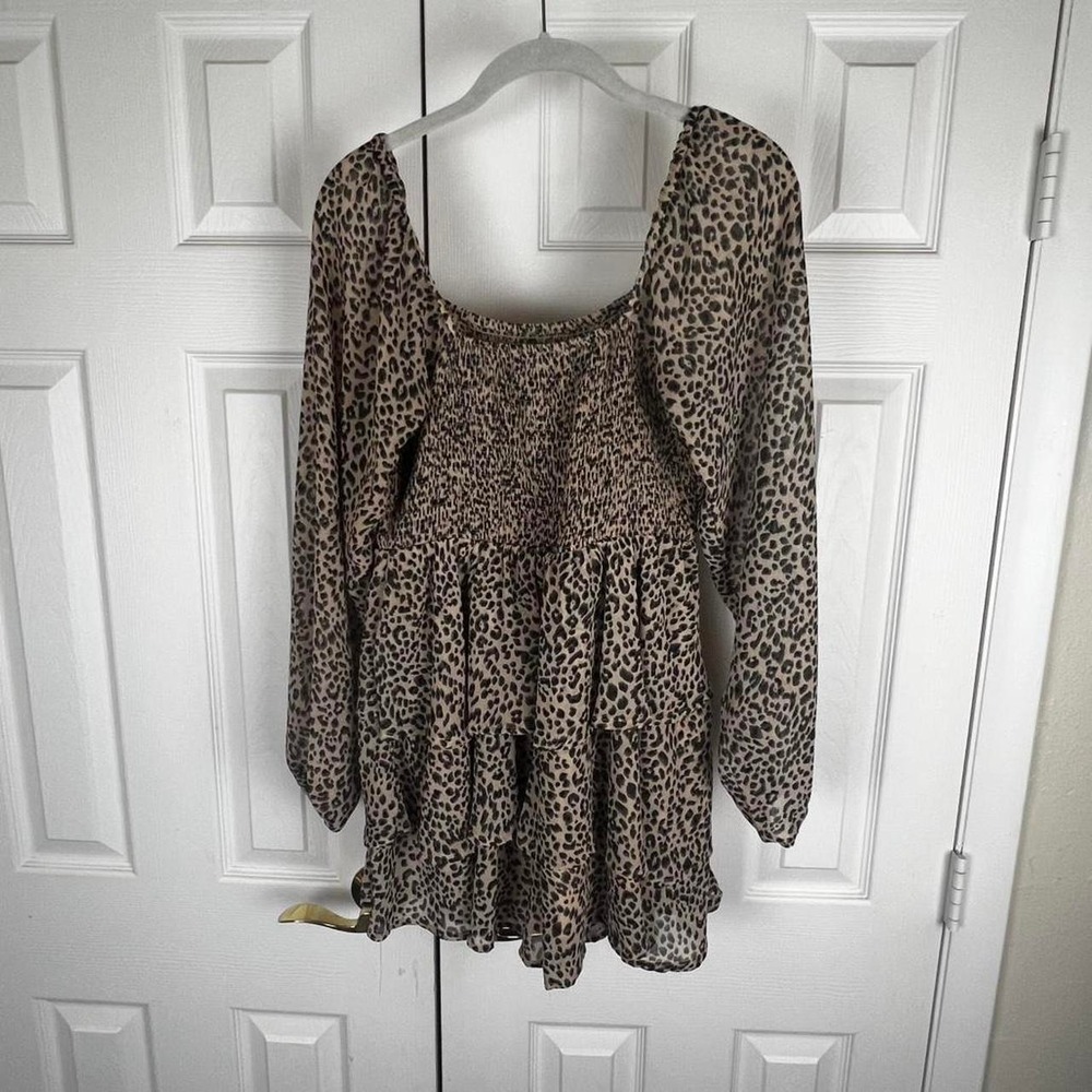 Entro Leopard Print Smocked Romper Long Sleeve Tiered Ruffle Mini Size M - Picture 3 of 7